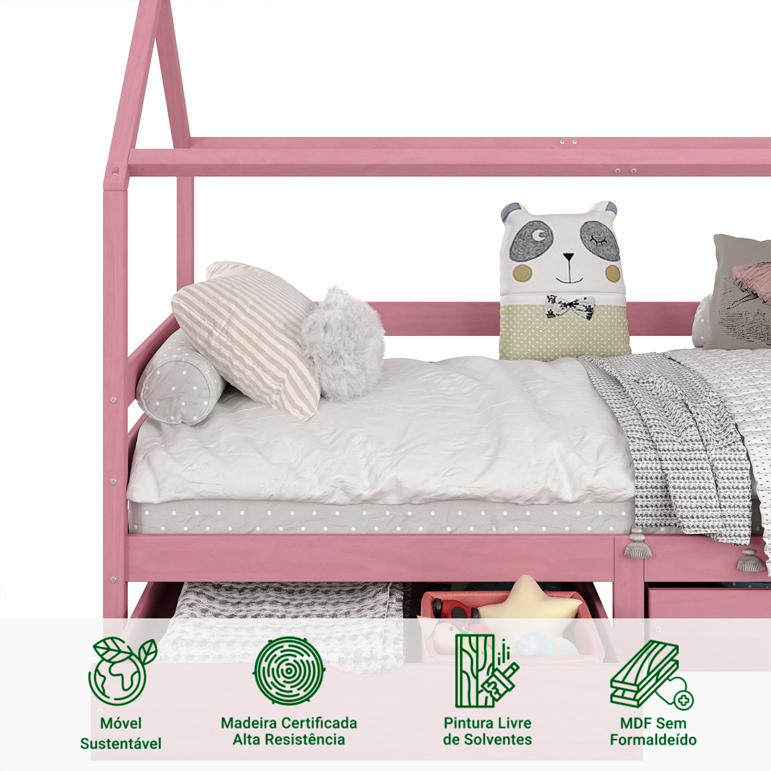 Cama Montessoriana Madeira Maciça Casa com Estrado Clia Rosa