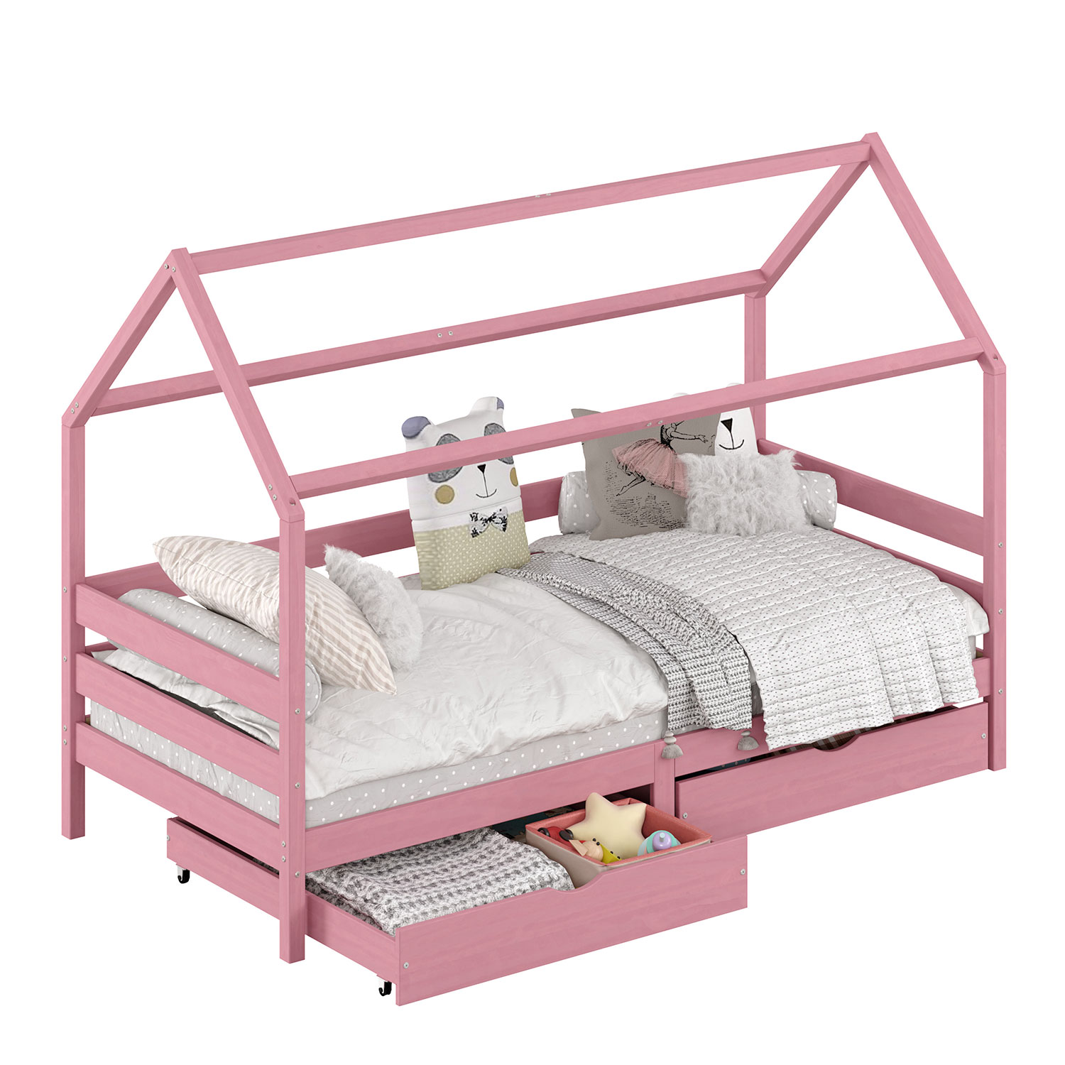 Cama Montessoriana Madeira Maciça Casa com Estrado Clia Rosa