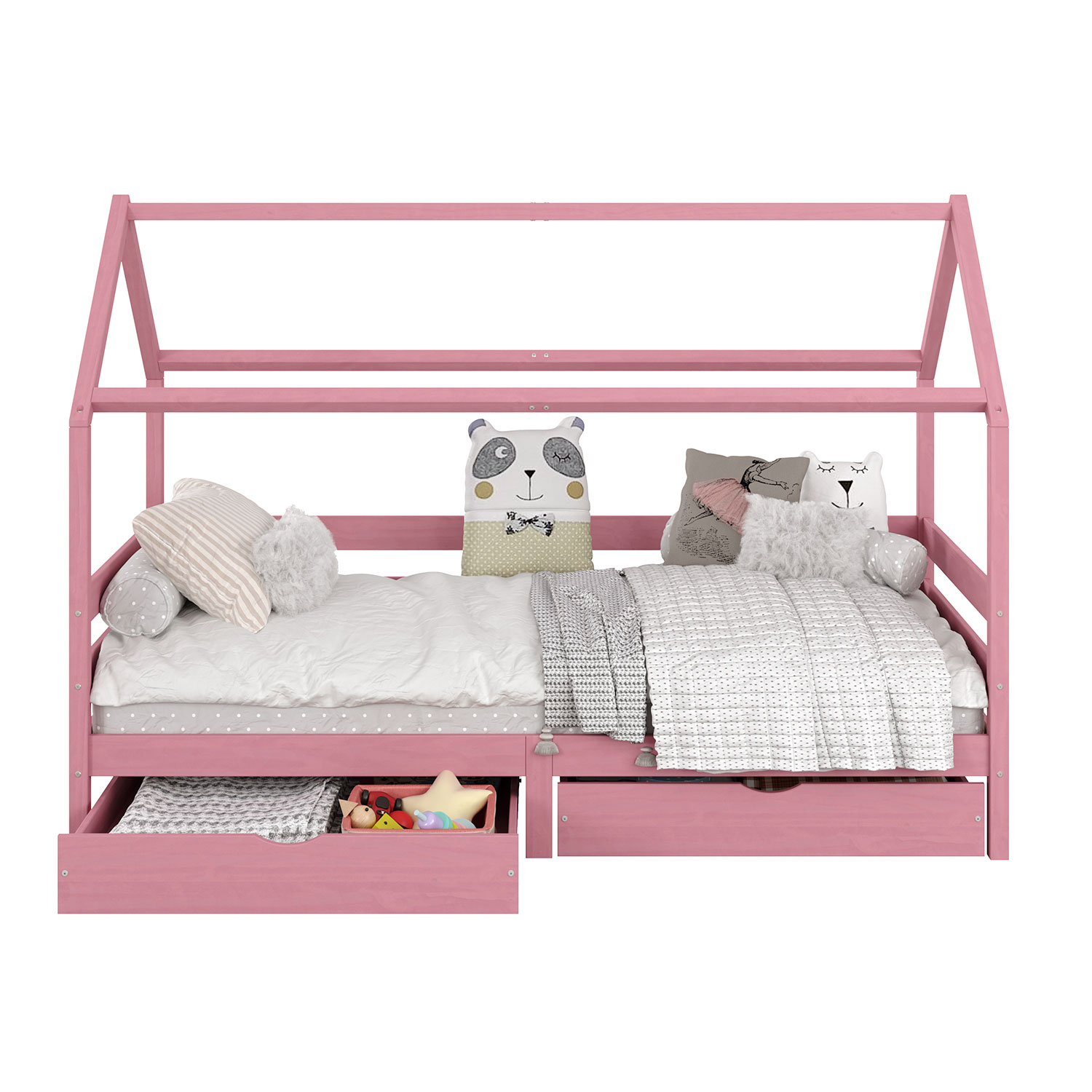 Cama Montessoriana Madeira Maciça Casa com Estrado Clia Rosa