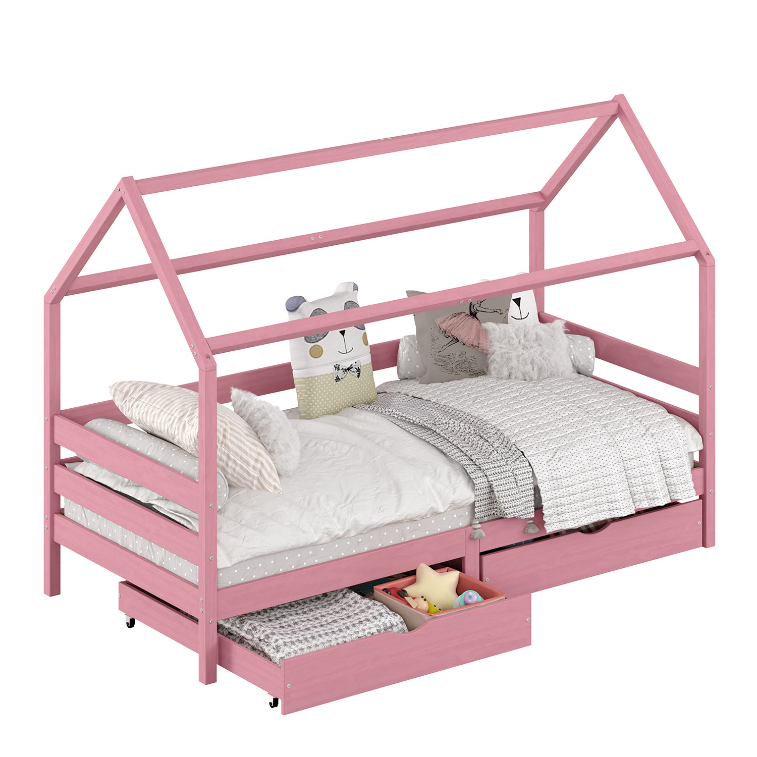 Cama Montessoriana Madeira Maciça Casa com Estrado Clia Rosa