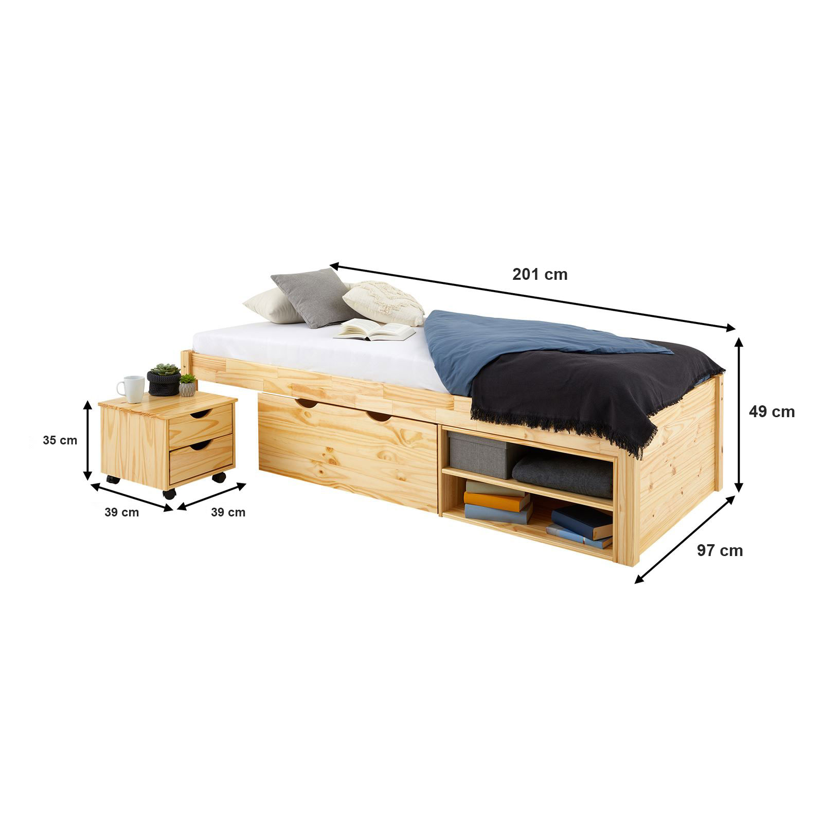 Cama Solteiro Madeira Multifuncional Com Mesa de Cabeceira Sabrina Natural
