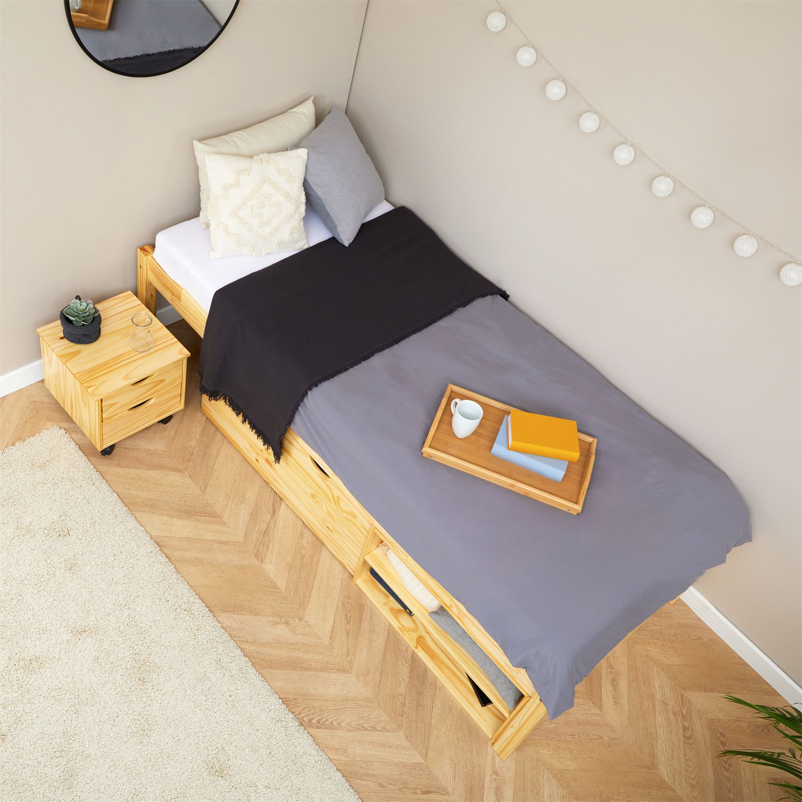 Cama Solteiro Madeira Multifuncional Com Mesa de Cabeceira Sabrina Natural
