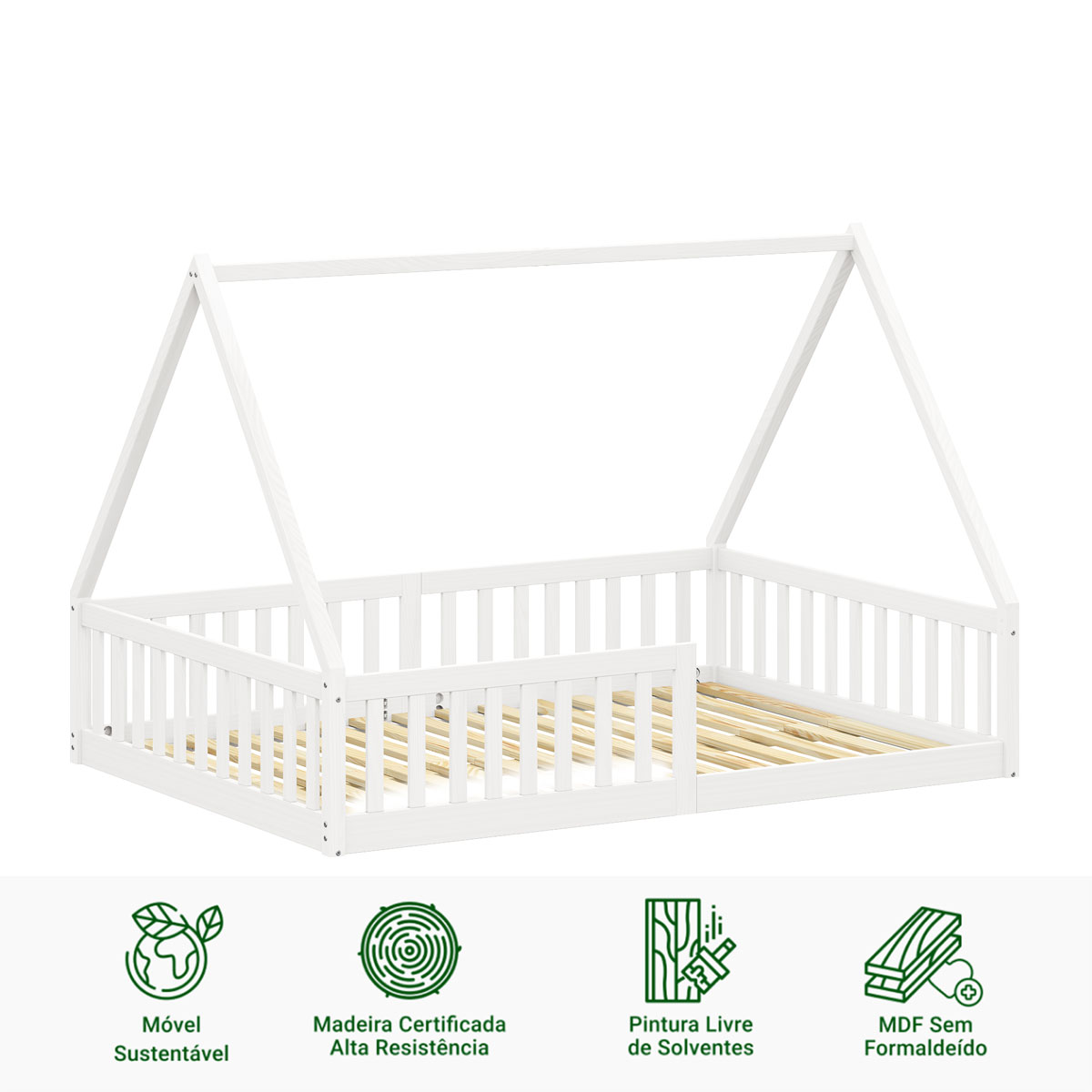 Cama Viúva Infantil Montessori Branco Madeira Casa com Estrado Stella