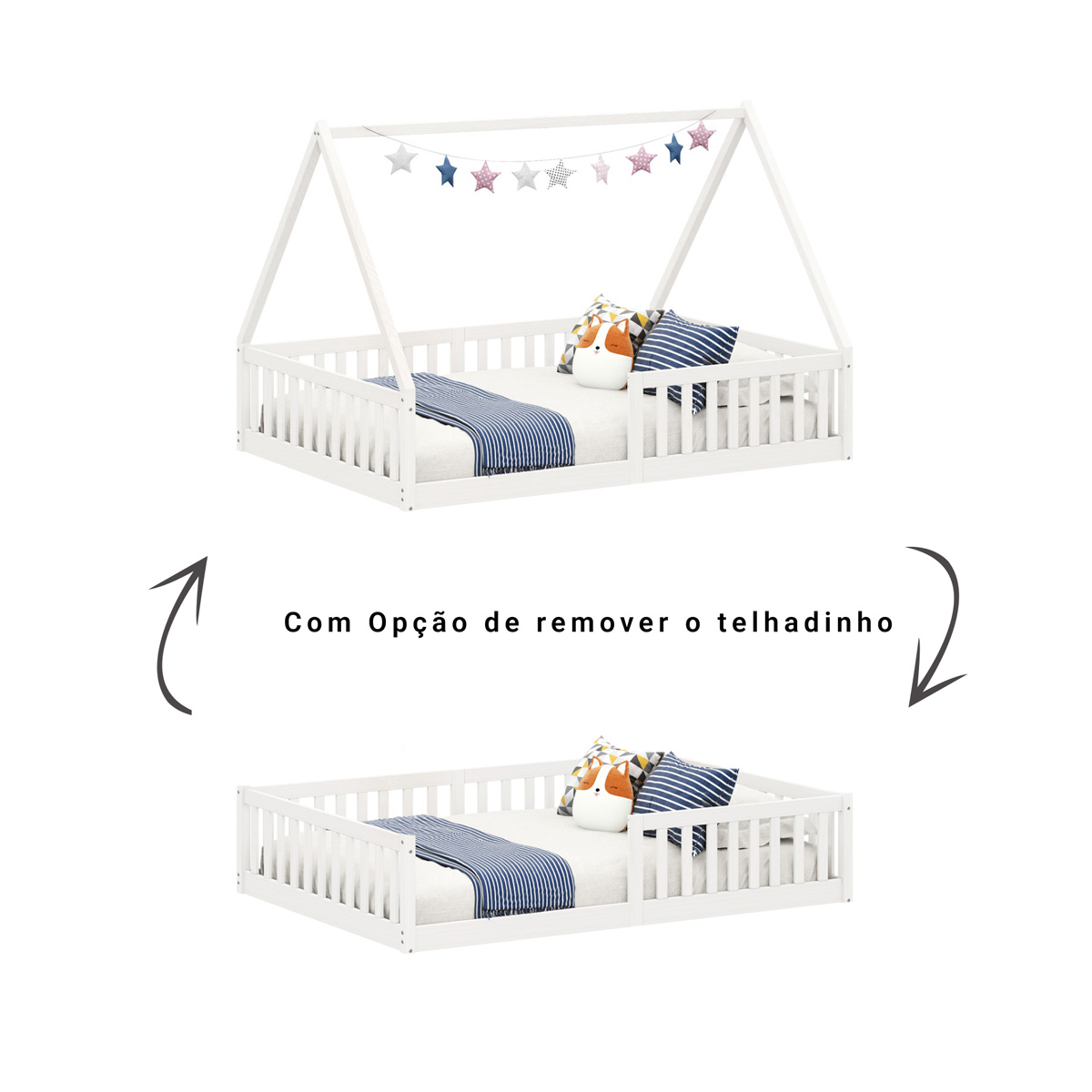 Cama Viúva Infantil Montessori Branco Madeira Casa com Estrado Stella