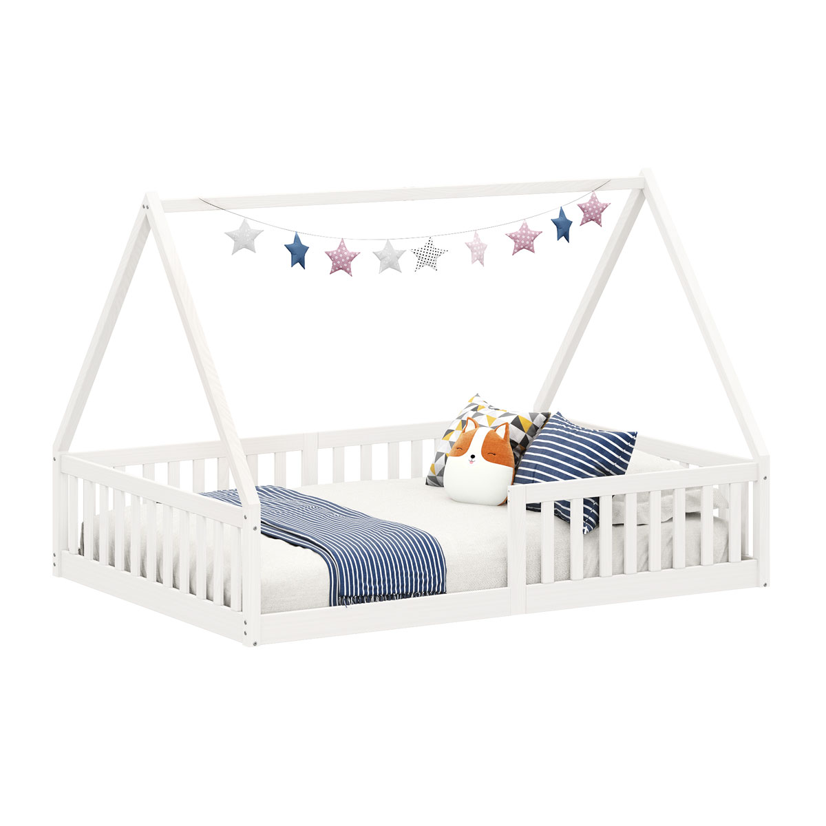 Cama Viúva Infantil Montessori Branco Madeira Casa com Estrado Stella