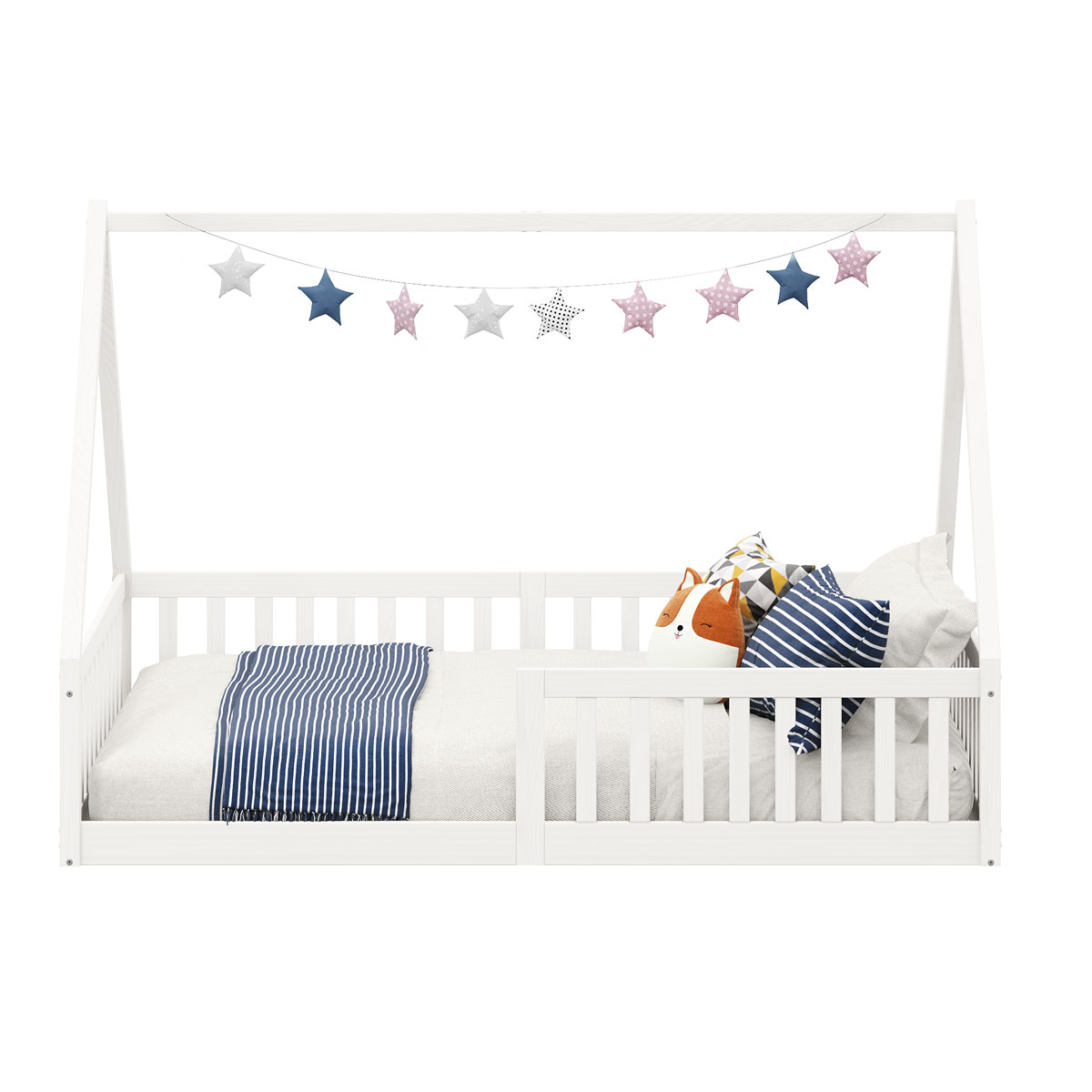 Cama Viúva Infantil Montessori Branco Madeira Casa com Estrado Stella