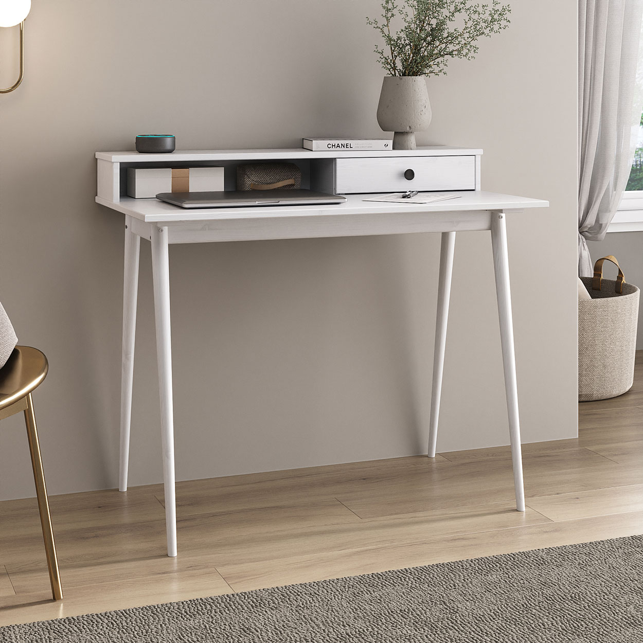 Escrivaninha Com Nicho Organizador Minimalista Madeira Branca Malina
