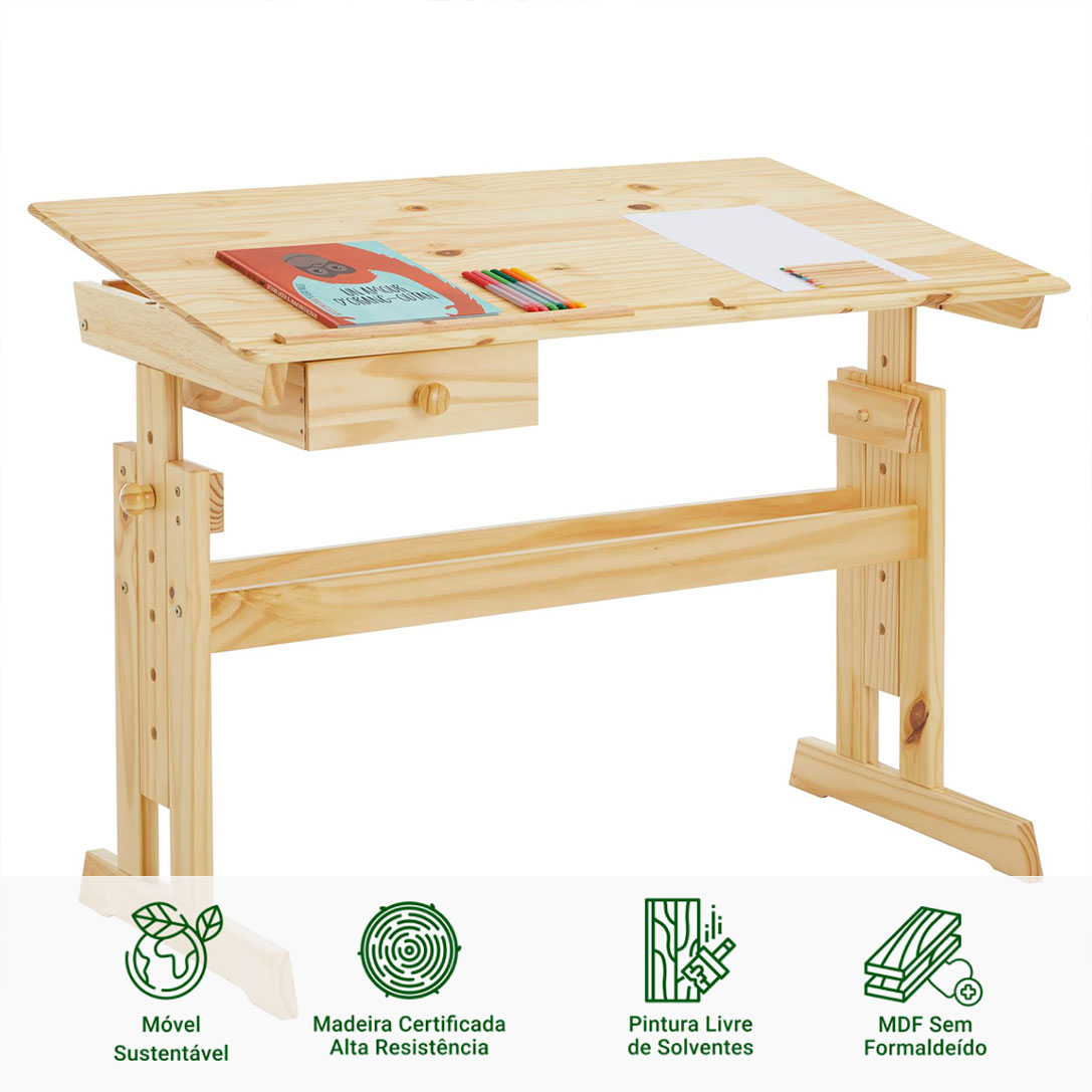 Escrivaninha Mesa Desenho Madeira 1 Gaveta Flexi Natural