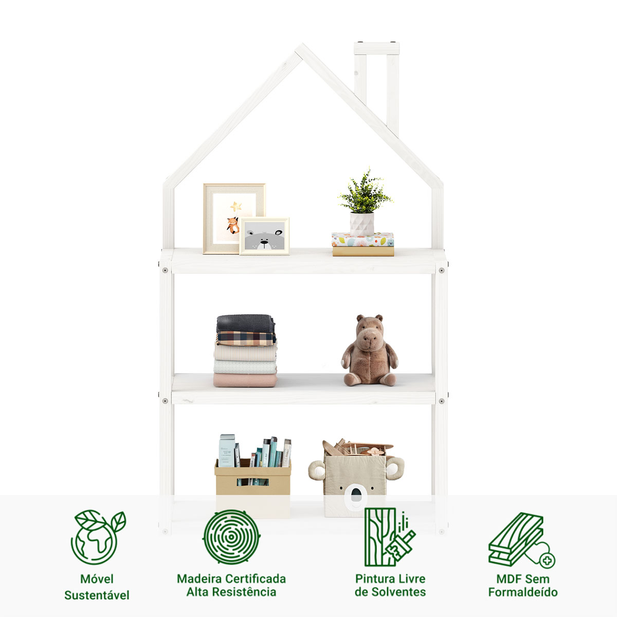 Estante Multiuso Infantil Branco 3 Prateleiras Madeira Montessori Lenise
