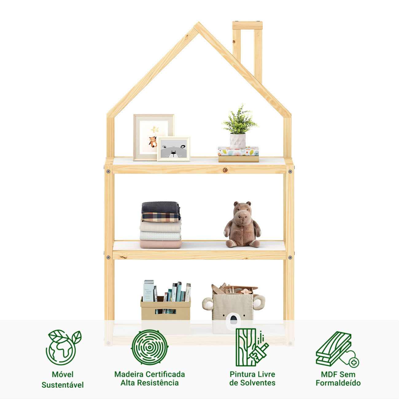 Estante Multiuso Quarto Infantil 3 Prateleiras Montessori Natural Branco Lenise