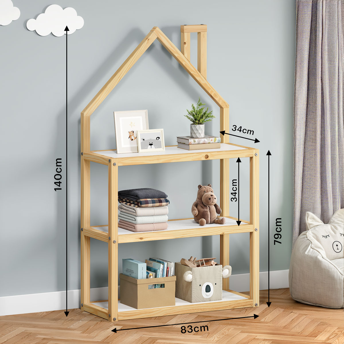 Estante Multiuso Quarto Infantil 3 Prateleiras Montessori Natural Branco Lenise