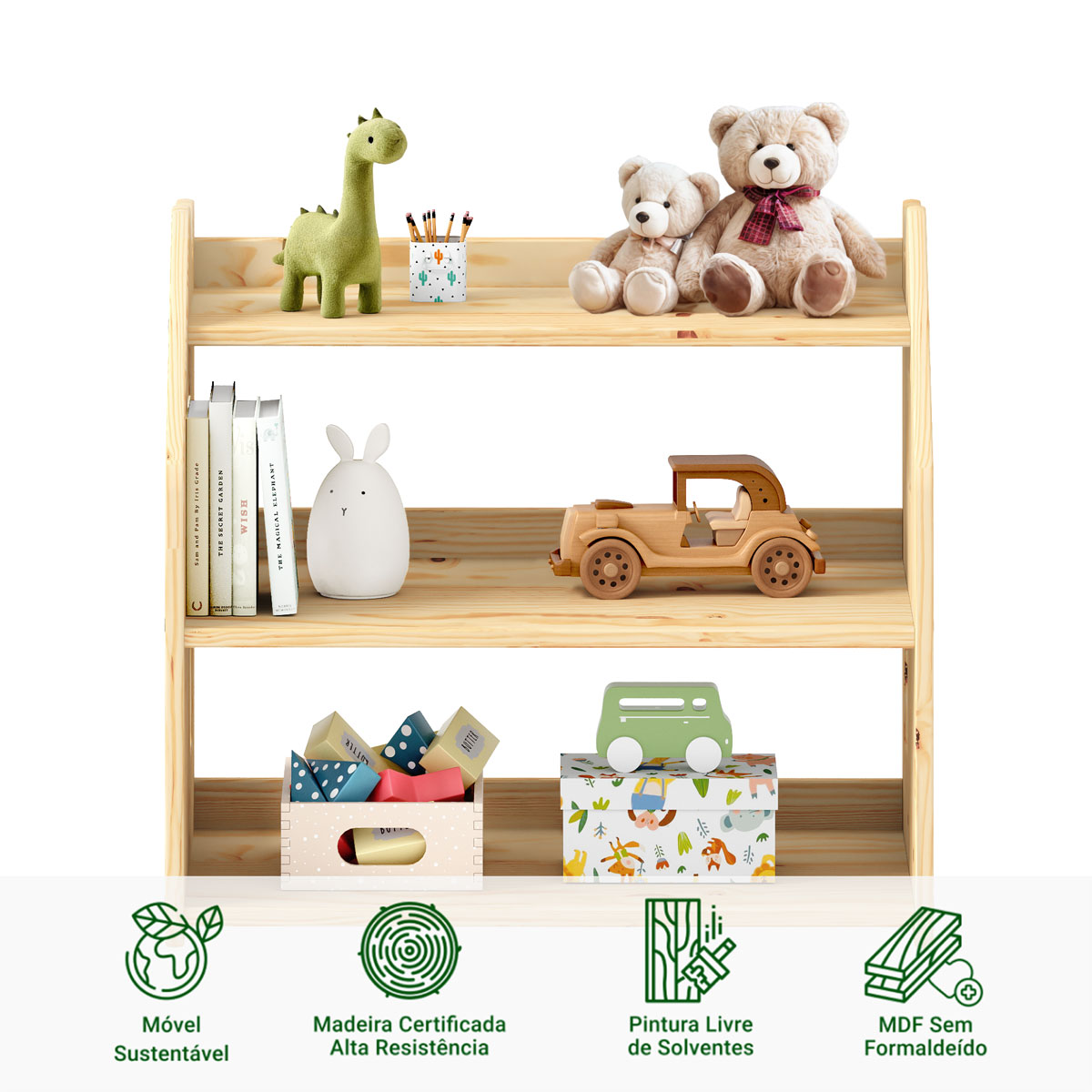 Estante Porta Livros Infantil de Madeira Brinquedos Yasmin Natural