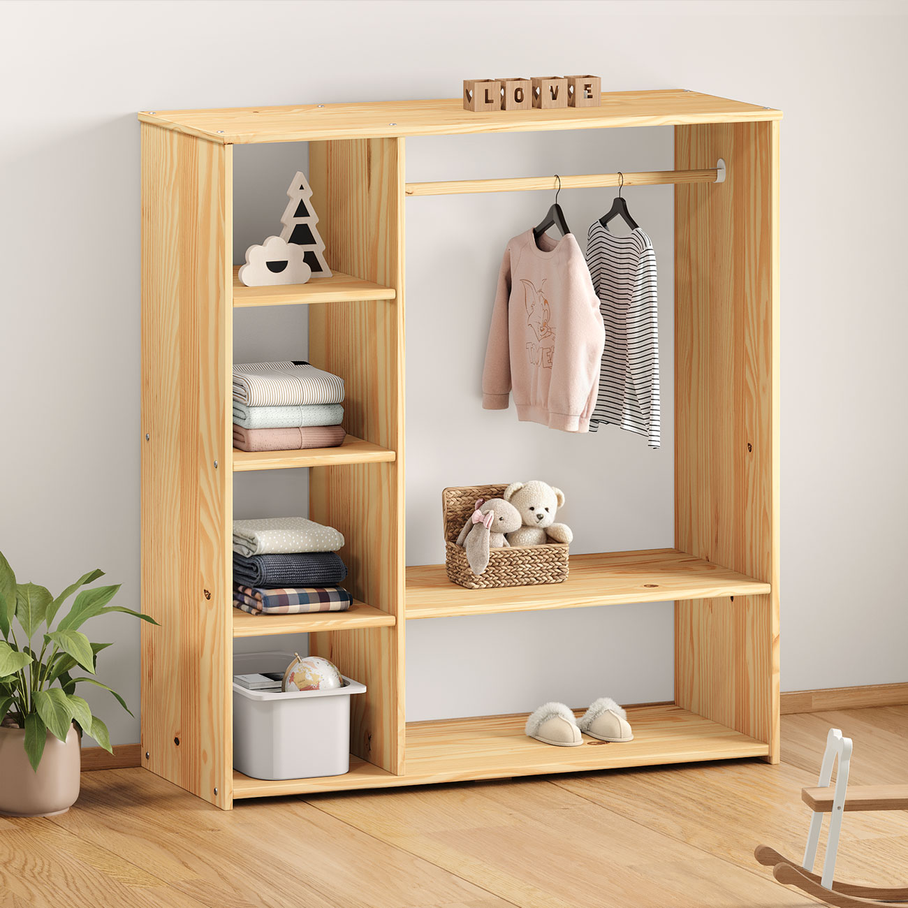 Guarda Roupa Closet Infantil Madeira com Cabideiro e 4 Nichos Rafael Natural