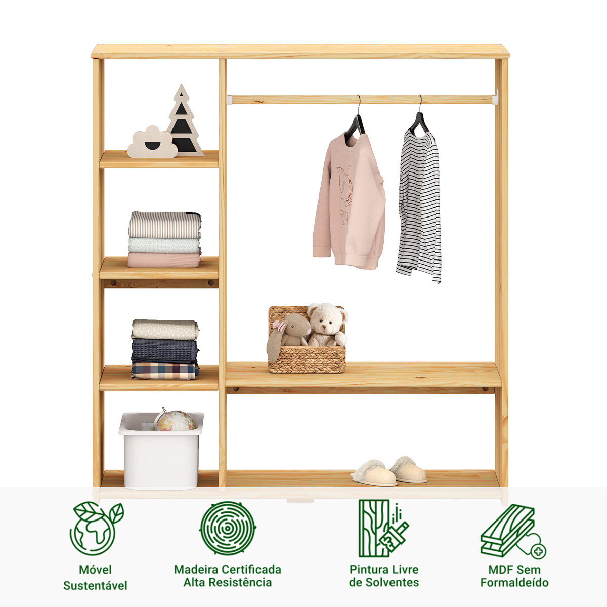 Guarda Roupa Closet Infantil Madeira com Cabideiro e 4 Nichos Rafael Natural