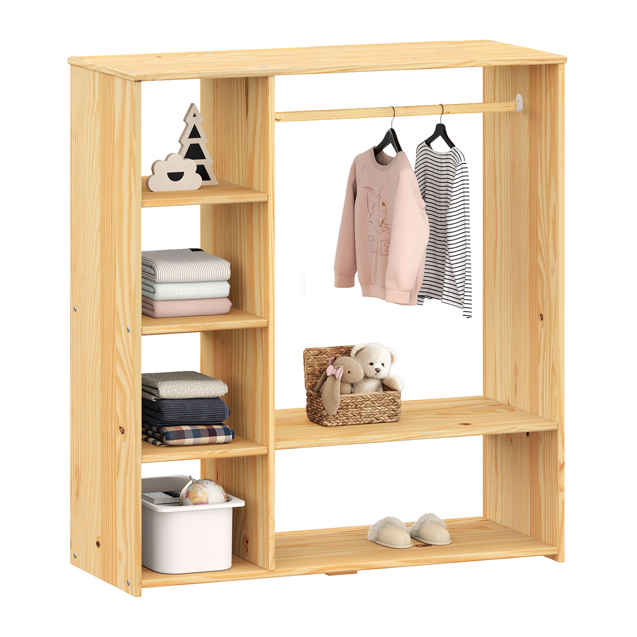 Guarda Roupa Closet Infantil Madeira com Cabideiro e 4 Nichos Rafael Natural