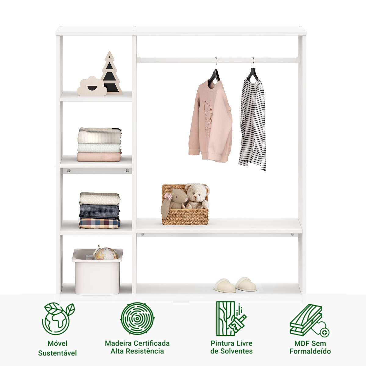 Guarda Roupa Infantil Madeira Closet sem Portas com Cabideiro Rafael Branco