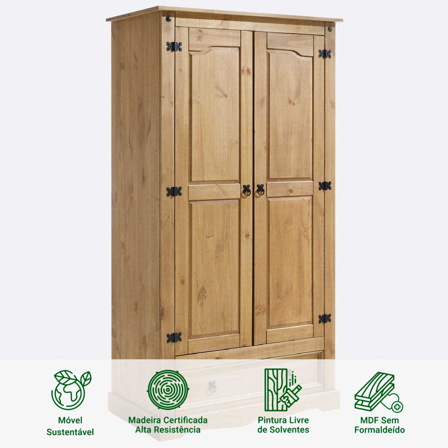 Guarda Roupa Madeira 2 Portas 1 Gaveta Armário Rustico