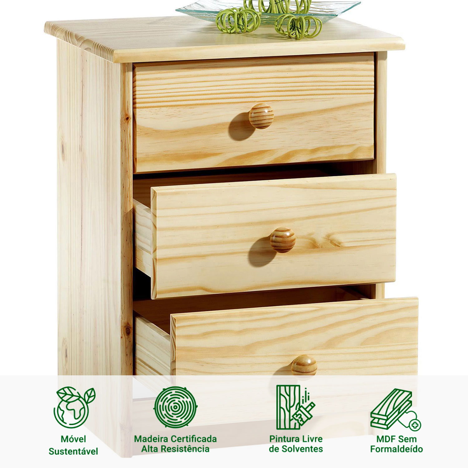 Mesa Cabeceira Organizadora Madeira 3 Gavetas Rondo