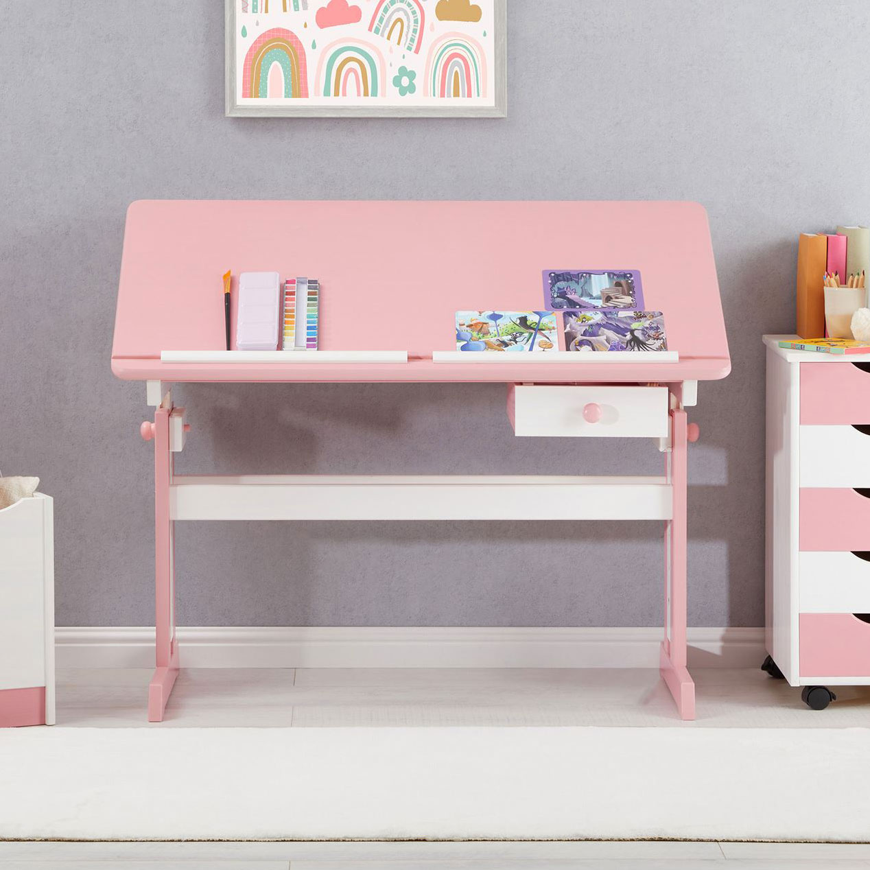 Mesa Desenho Infantil Menina Madeira Regulável Flexi Branco Rosa