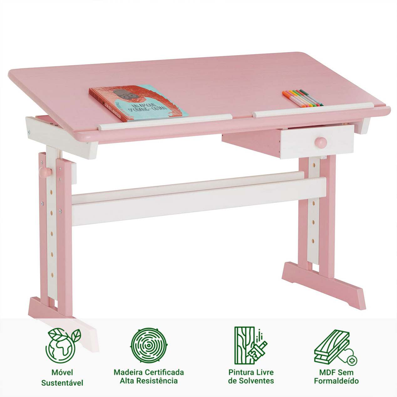 Mesa Desenho Infantil Menina Madeira Regulável Flexi Branco Rosa