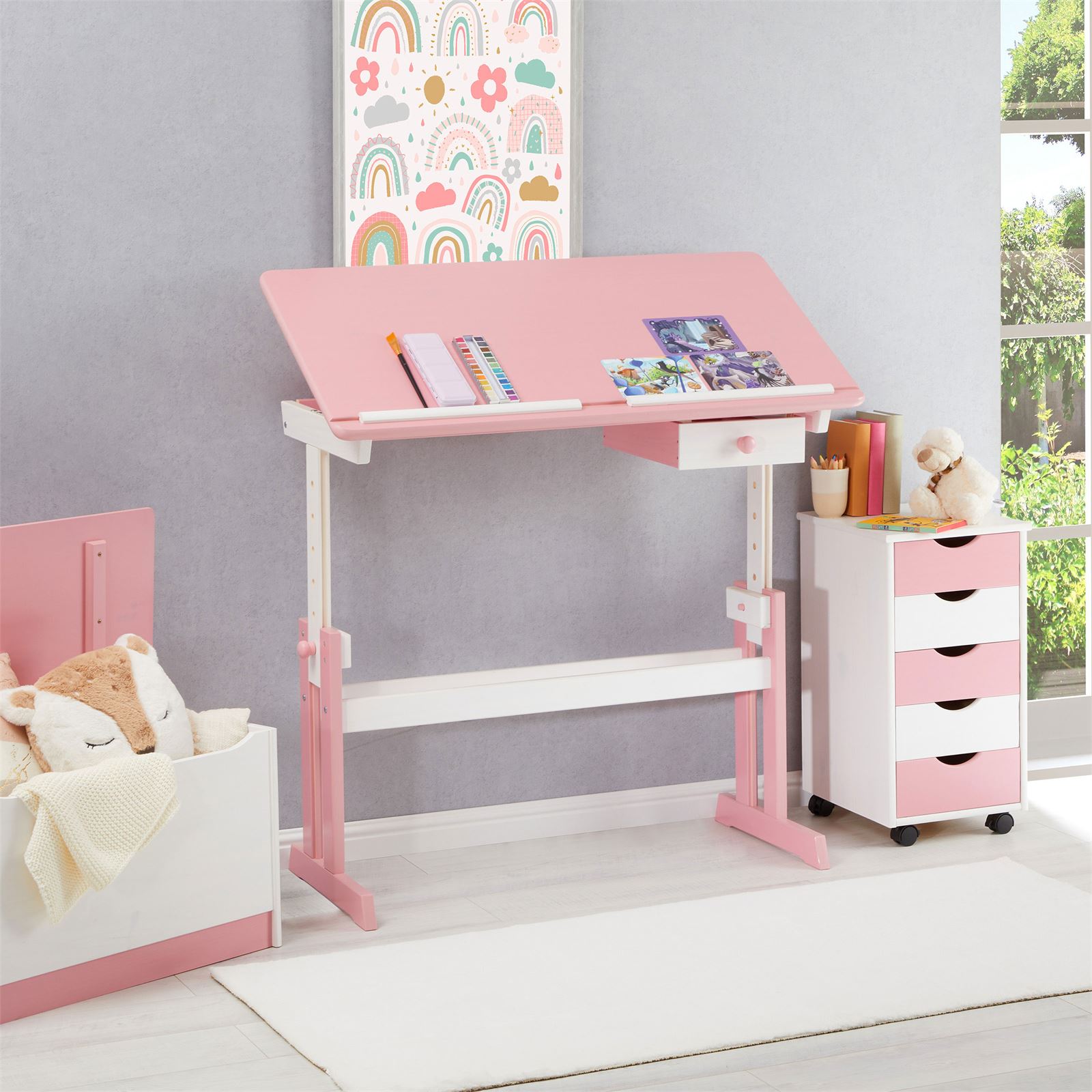 Mesa Desenho Infantil Menina Madeira Regulável Flexi Branco Rosa