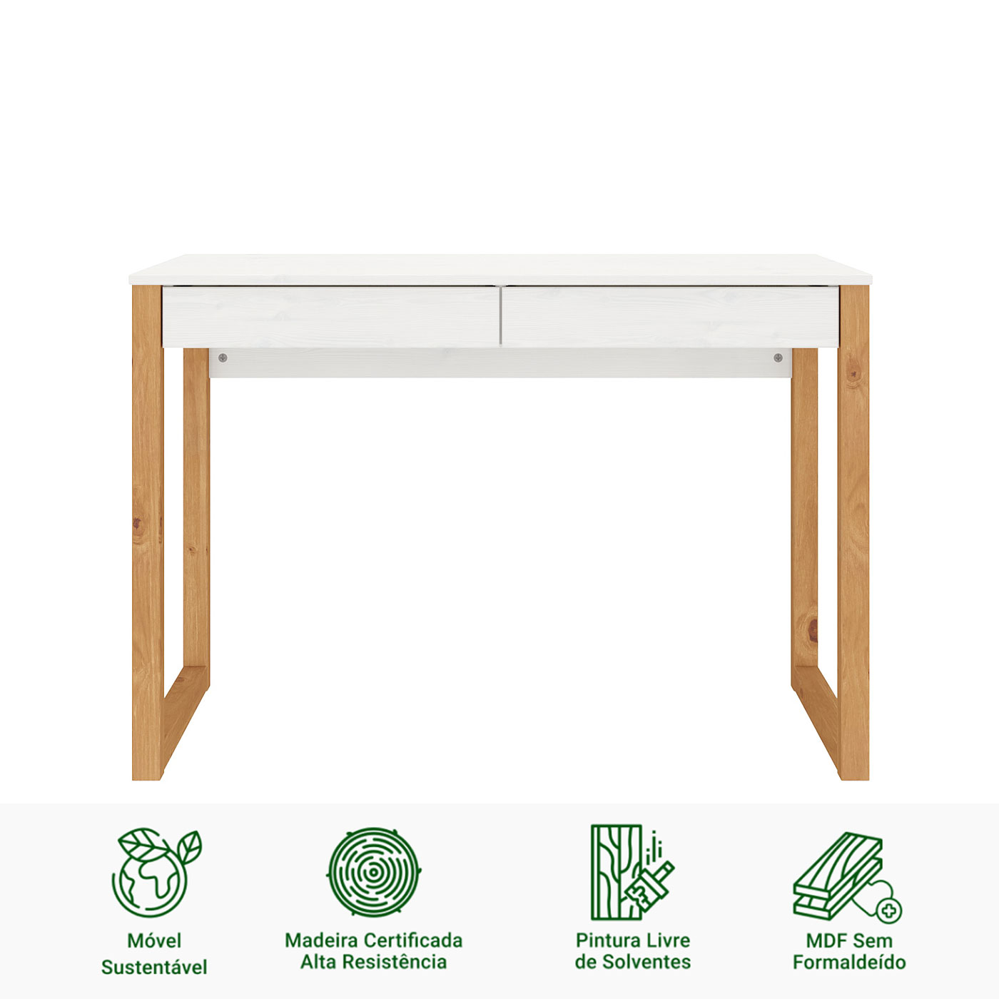 Mesa Escritório Branco Madeirado Retro 2 Gavetas 1 Nicho Noah