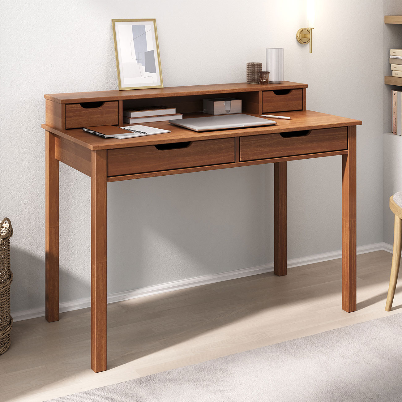Mesa Escritório Compacta 1 Nicho 4 Gav Retrô Home Office Madeira Castanho Verniz Raul