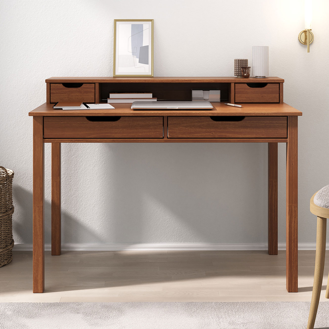 Mesa Escritório Compacta 1 Nicho 4 Gav Retrô Home Office Madeira Castanho Verniz Raul