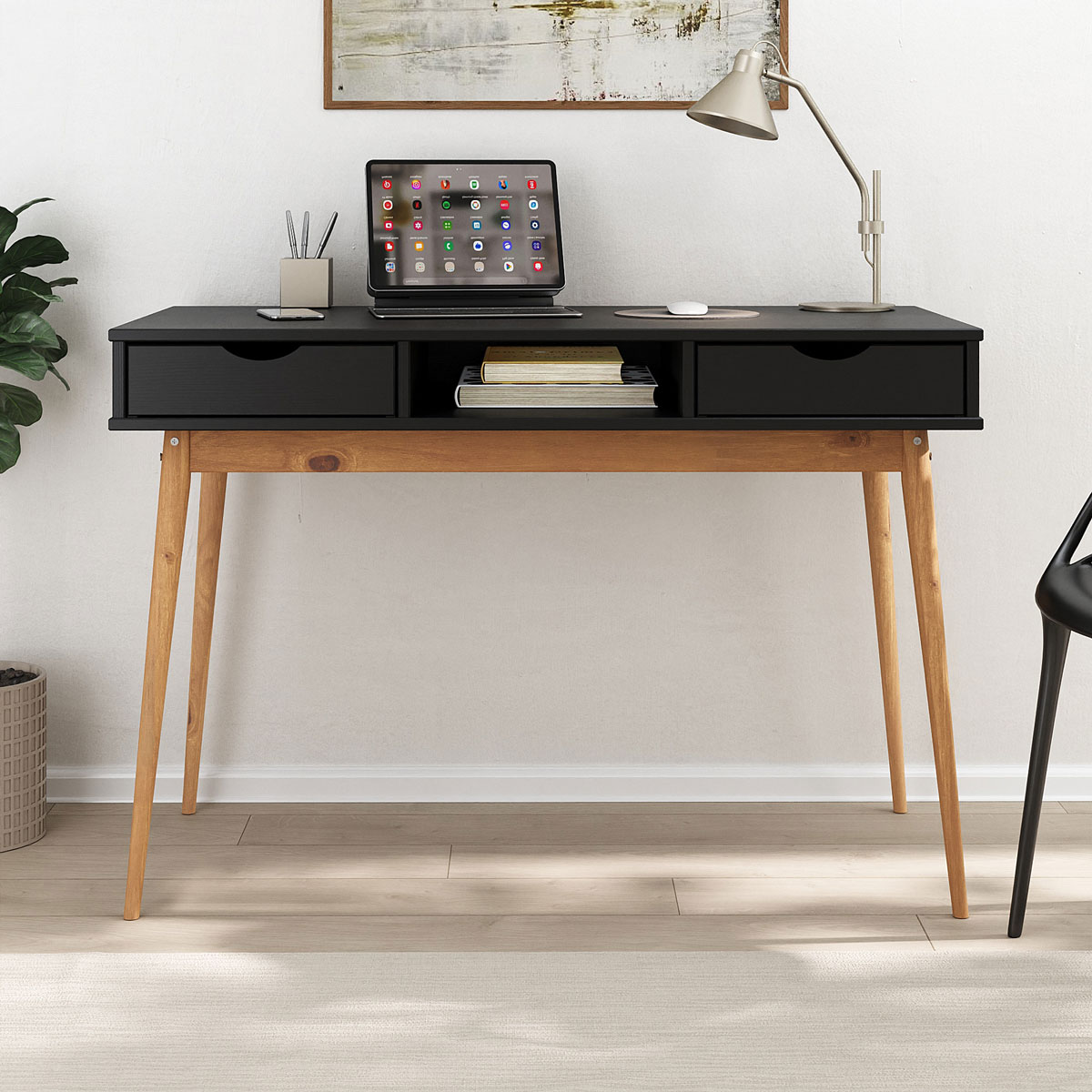 Mesa Escritório Preto Madeirado Retro 2 Gavetas 1 Nicho Stefano