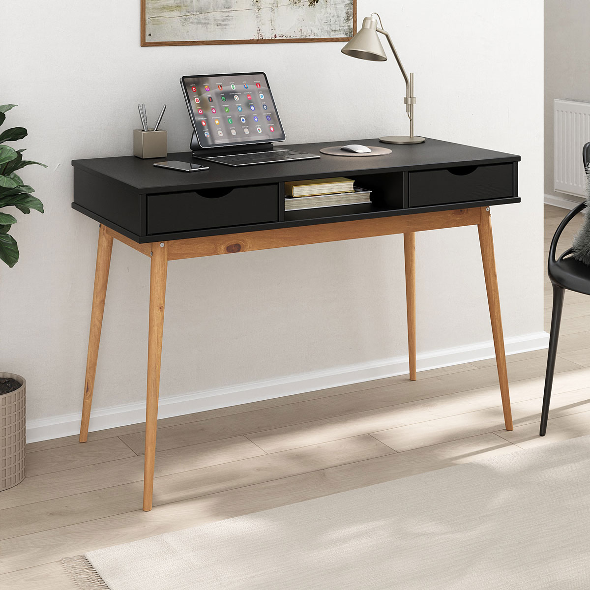 Mesa Escritório Preto Madeirado Retro 2 Gavetas 1 Nicho Stefano