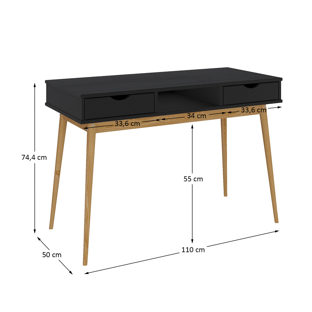 Mesa Escritório Preto Madeirado Retro 2 Gavetas 1 Nicho Stefano