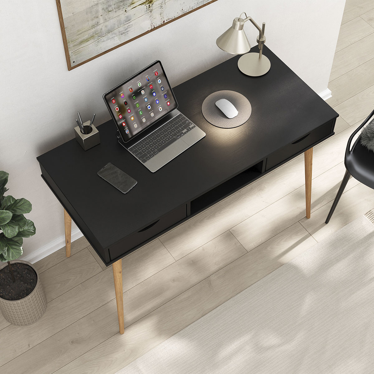Mesa Escritório Preto Madeirado Retro 2 Gavetas 1 Nicho Stefano