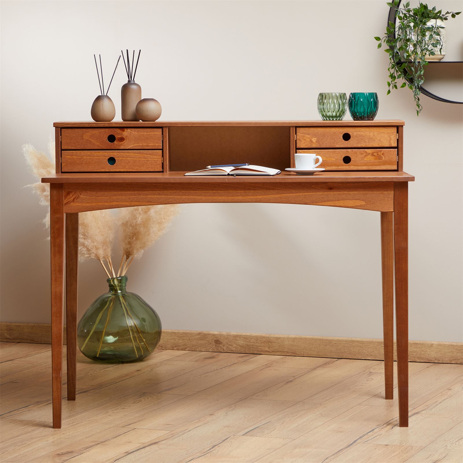 Mesa Escrivaninha Retro Madeira 4 Gavetas 1 Nicho Milano Castanho