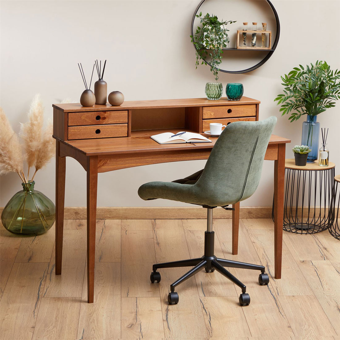 Mesa Escrivaninha Retro Madeira 4 Gavetas 1 Nicho Milano Castanho
