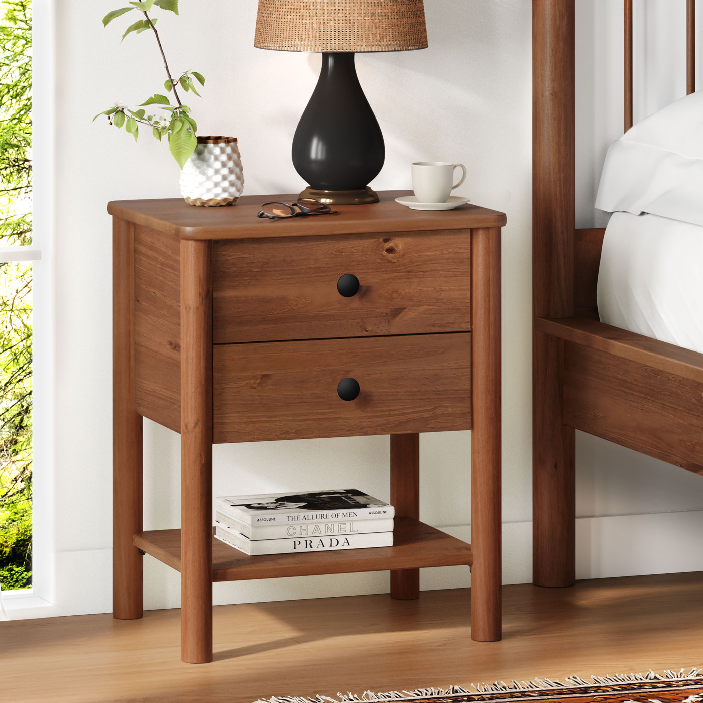 Mesa de Cabeceira 2 gavetas Madeira Apoana Castanho Corrediças Telescópicas