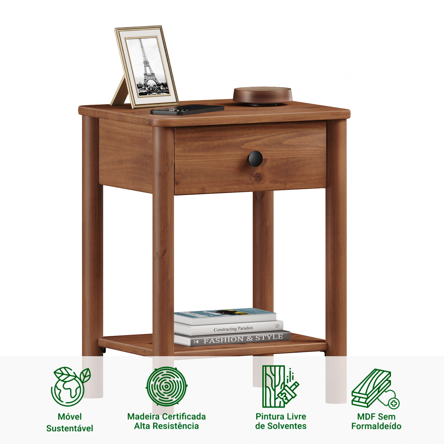 Mesa de Cabeceira Quarto Madeira 1 Gaveta Moderna Apoana Castanho