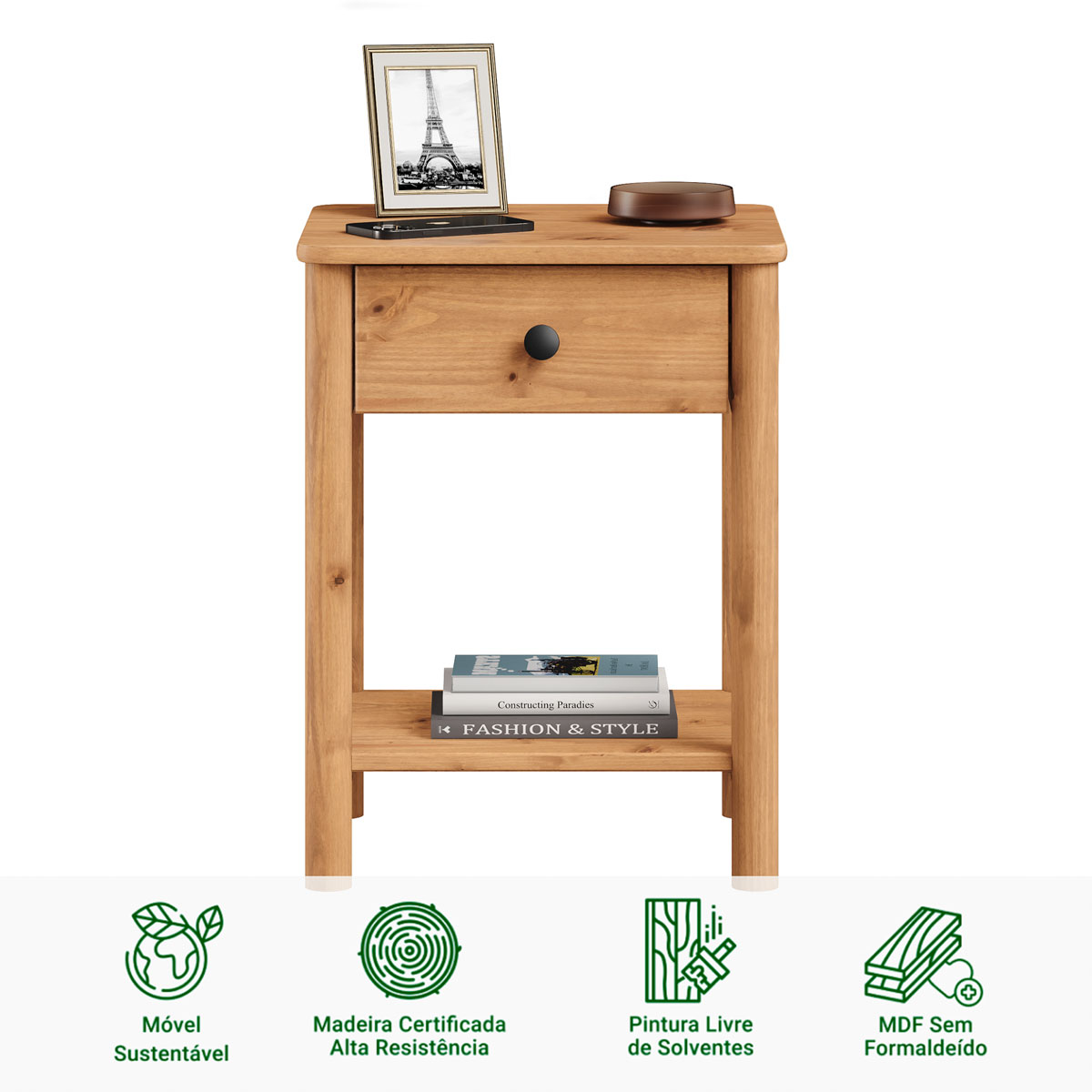 Mesa de Cabeceira Quarto Madeirado 1 Gaveta Rústico Apoana