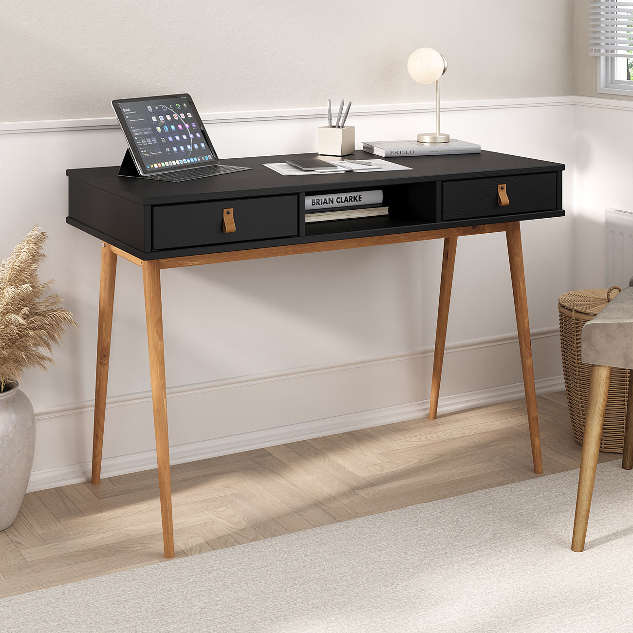 Mesa de Estudo Quarto Retrô Minimalista Madeira Sofisticada Preto Freijó Kim
