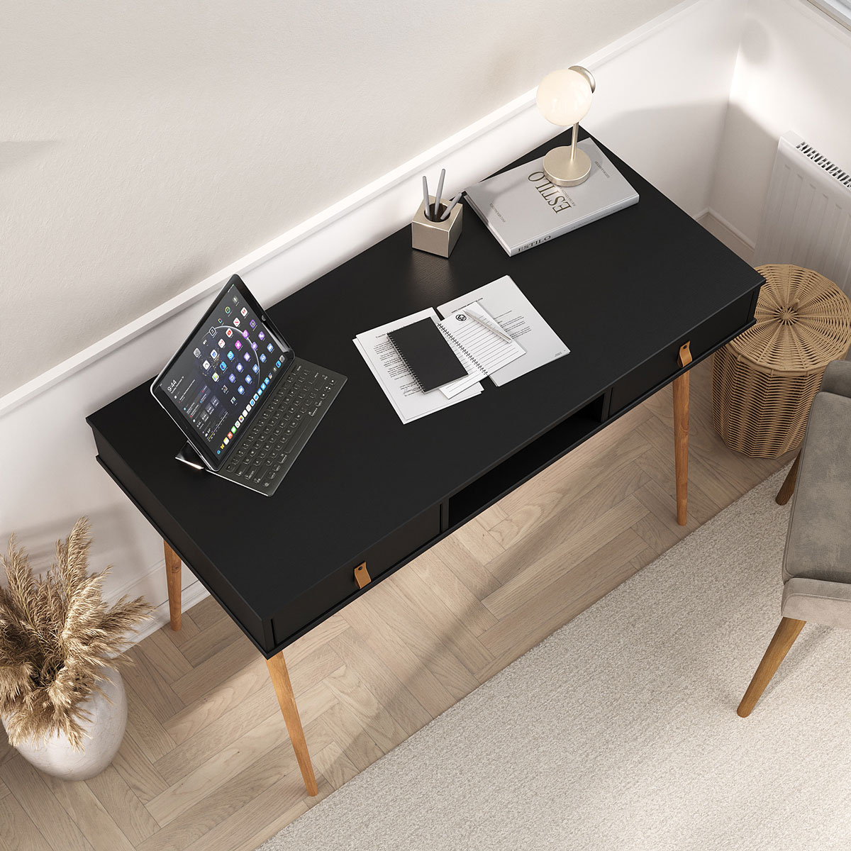 Mesa de Estudo Quarto Retrô Minimalista Madeira Sofisticada Preto Freijó Kim