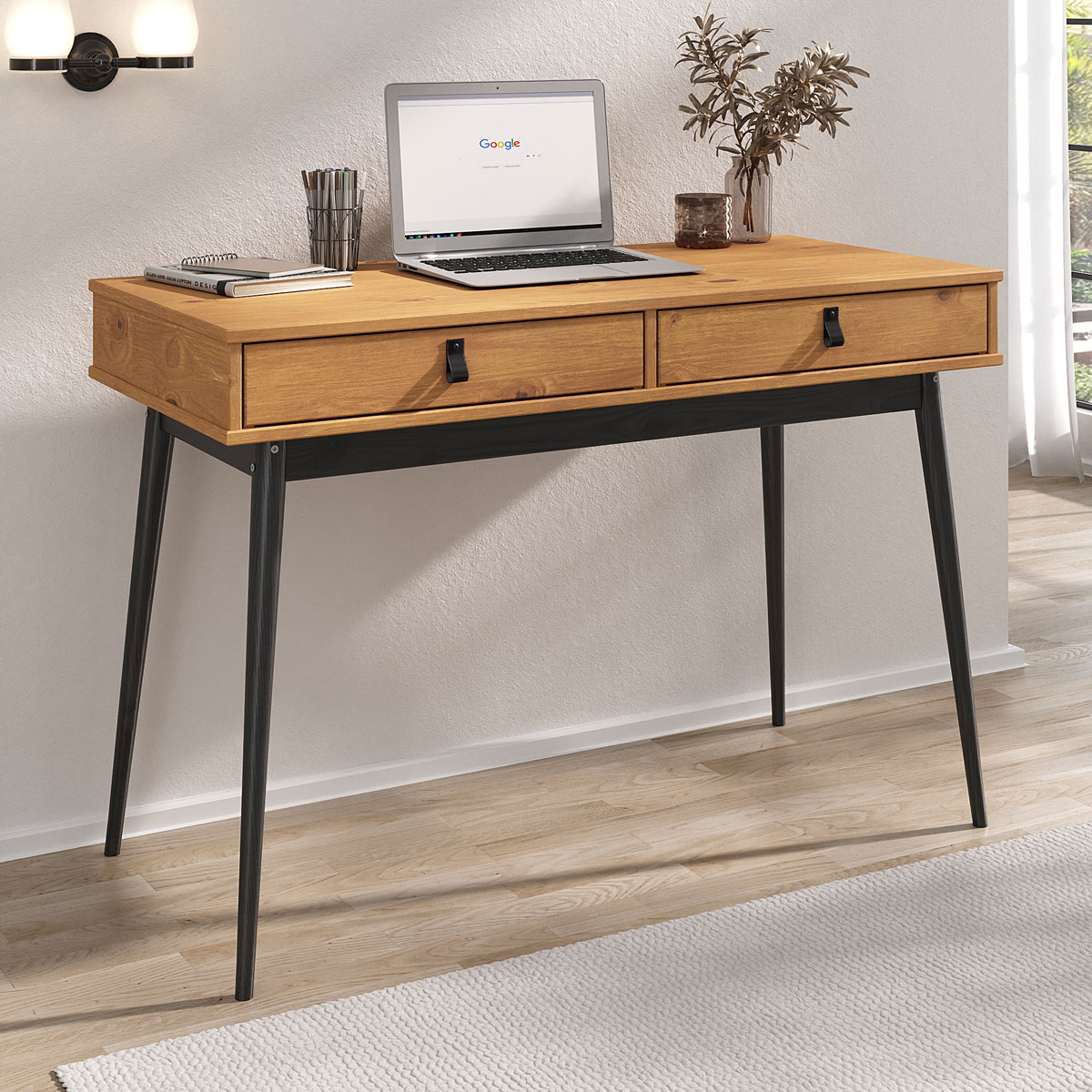 Mesa de Trabalho Escandinava Retrô 2 Gav Madeira Freijó Preto Wanda