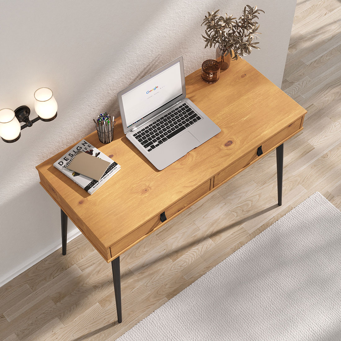 Mesa de Trabalho Escandinava Retrô 2 Gav Madeira Freijó Preto Wanda