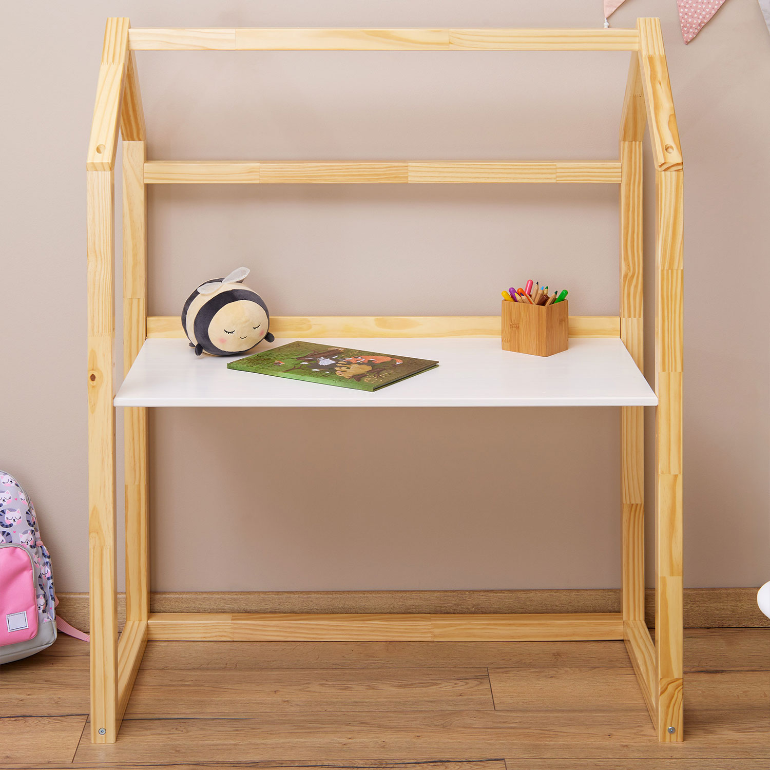Mesinha Infantil Escrivaninha Desenho Madeira Montessori Regulável Tina Natural Branco