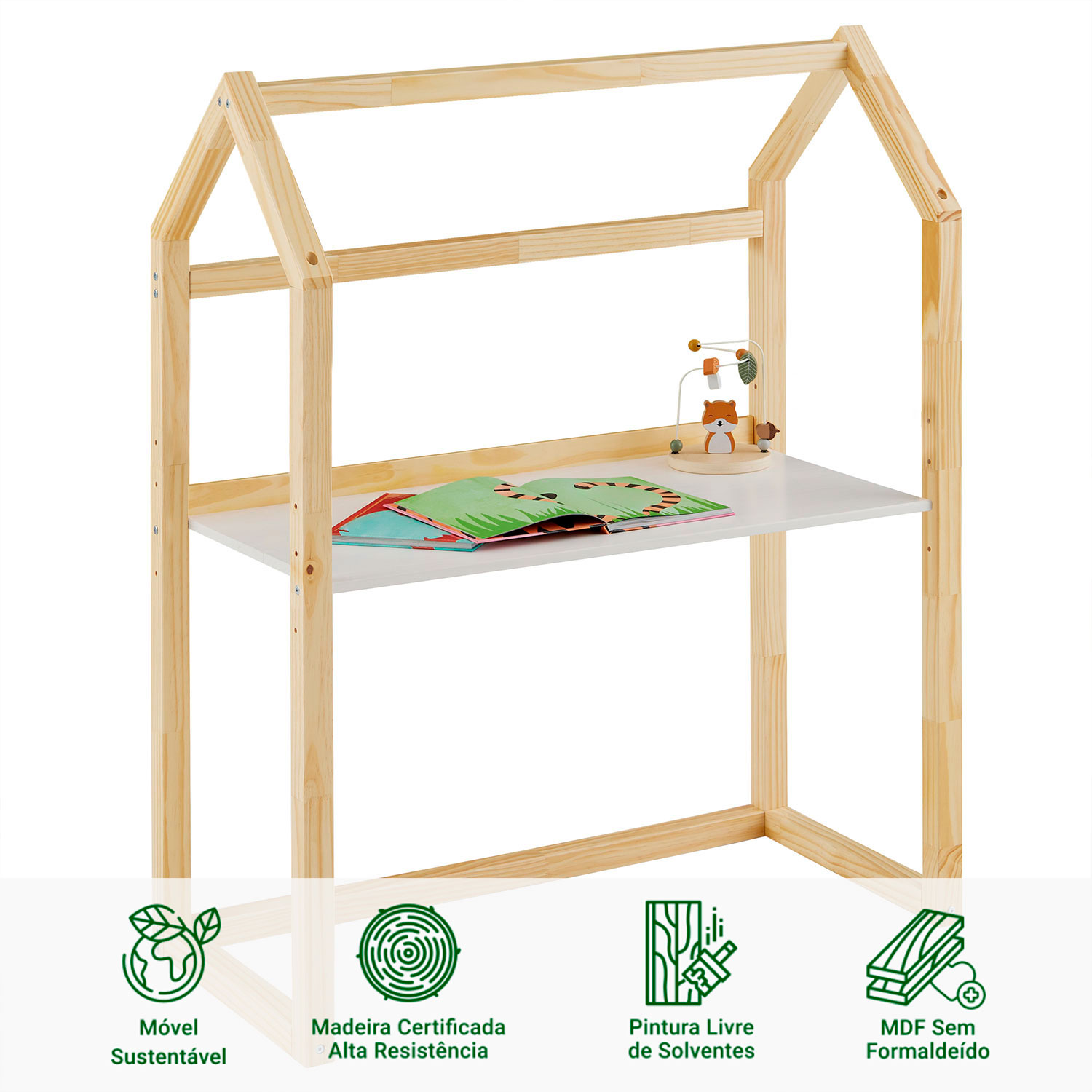 Mesinha Infantil Escrivaninha Desenho Madeira Montessori Regulável Tina Natural Branco