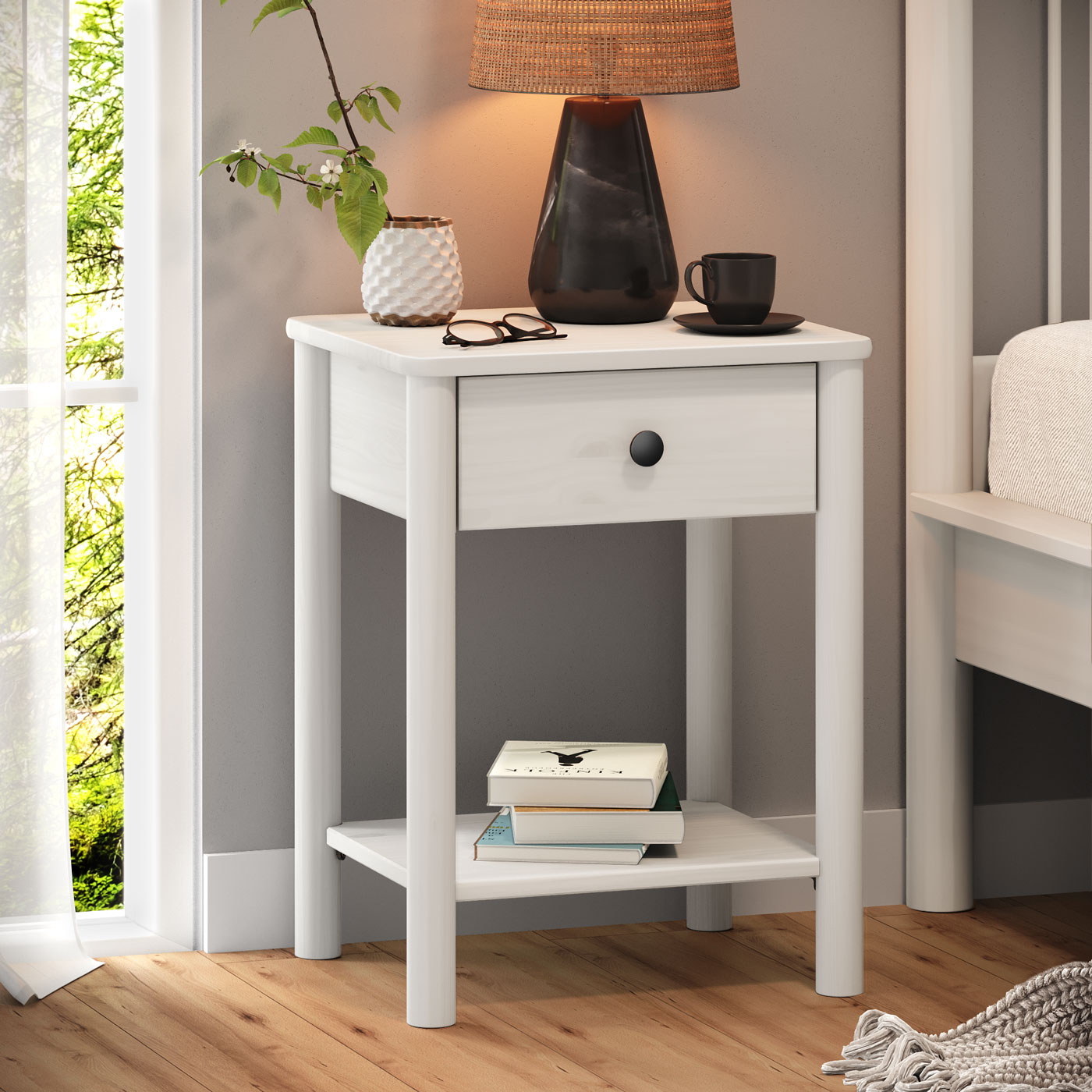 Mesinha de Cabeceira Quarto Madeira 1 Gaveta Moderna Apoana Branco