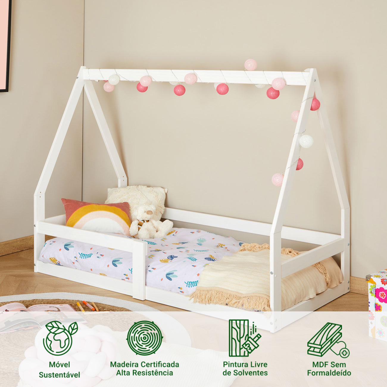 Mini Cama Infantil Branco Madeira Montessori Casinha com estrado Wilma