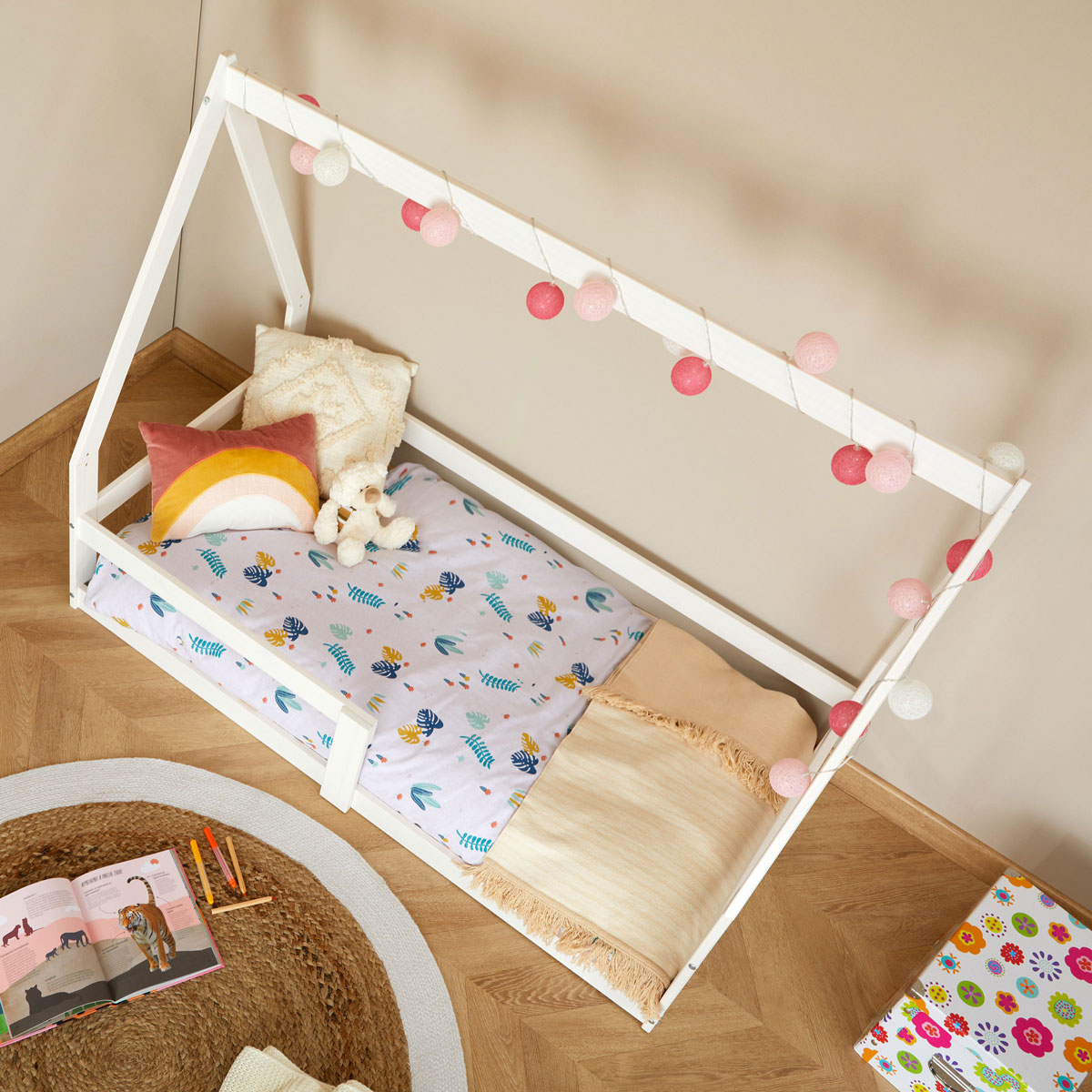 Mini Cama Infantil Branco Madeira Montessori Casinha com estrado Wilma