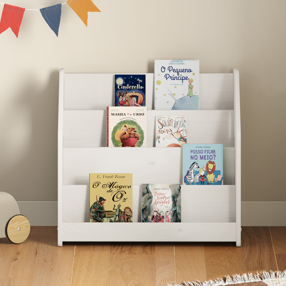 Porta Livros Branco Madeira de Chão 4 Nichos Livreiro Bruno