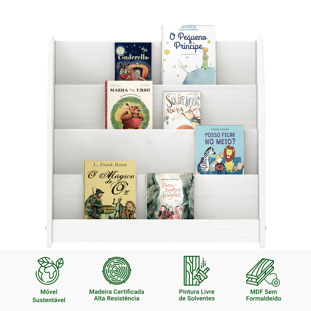 Porta Livros Branco Madeira de Chão 4 Nichos Livreiro Bruno
