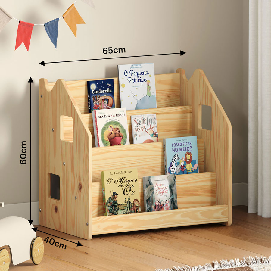 Porta Livros Madeira de Chão 4 Nichos Revisteiro Bruno Natural
