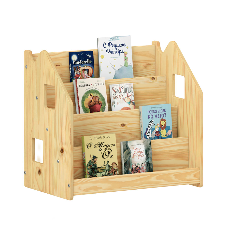 Porta Livros Madeira de Chão 4 Nichos Revisteiro Bruno Natural